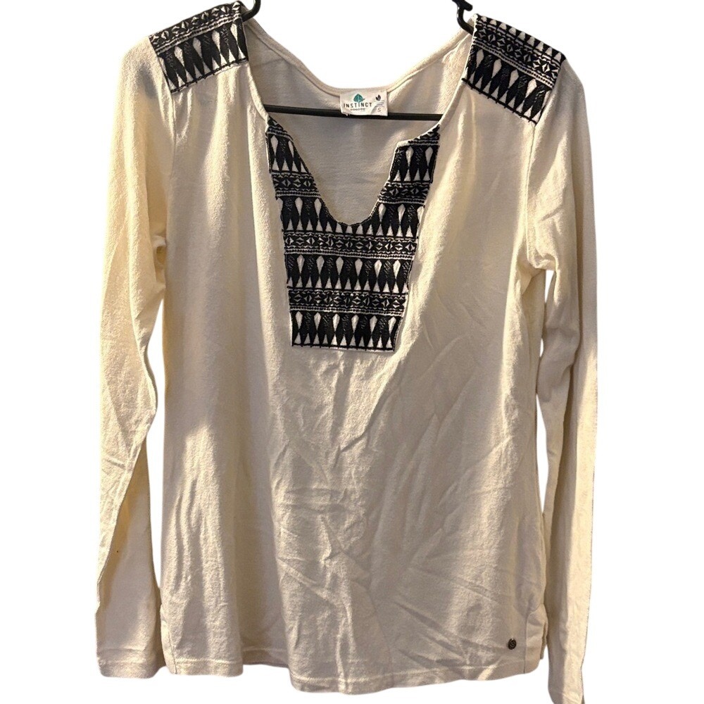 INSTINCT Boho Embroidered Folk Tribal Tunic Long Sleeve Chic V-Neck Blouse Small
